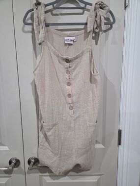 Ron Jon Natural Beige Linen-Style Overall Romper M NWOT